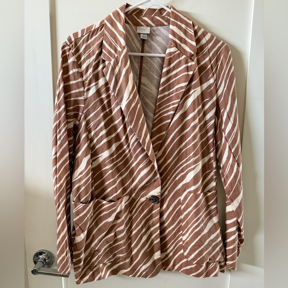 Brown and White Print Linen Blazer, Size M by A New Day